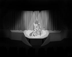 Size: 1024x819 | Tagged: safe, artist:yuradhear, octavia melody, g4, audience, bowtie, cello, curtains, cutie mark, eyes closed, monochrome, musical instrument, performance, spotlight, stage