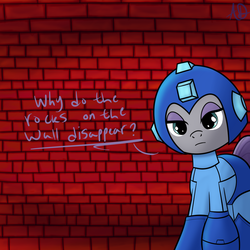 Size: 1024x1024 | Tagged: safe, artist:yuradhear, maud pie, robot, g4, brick wall, crossover, disappearing blocks, female, heatman, heatman's stage, helmet, mega man (series), megamare, pun, rock man, rock mare, rockmare, solo, talking, that pony sure does love rocks