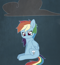 Size: 600x645 | Tagged: safe, artist:higglytownhero, rainbow dash, pegasus, pony, g4, cloud, dark background, female, folded wings, sad, sitting, solo, wings