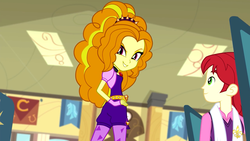 Size: 1280x720 | Tagged: safe, screencap, adagio dazzle, nolan north, equestria girls, g4, my little pony equestria girls: rainbow rocks, adagio dazzle gets around, background human, evil smile, female, grin, looking at you, looking back, looking back at you, smiling, solo