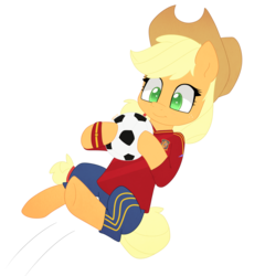 Size: 1054x1100 | Tagged: safe, artist:higglytownhero, applejack, earth pony, pony, g4, female, football, mare, simple background, solo, spain, transparent background