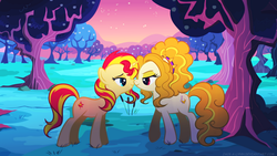 Size: 1600x900 | Tagged: safe, artist:jacky-bunny, adagio dazzle, sunset shimmer, earth pony, pony, unicorn, equestria girls, g4, my little pony equestria girls: rainbow rocks, apple tree, boop, duo, duo female, earth pony adagio dazzle, equestria girls ponified, female, lesbian, lidded eyes, noseboop, ponified, ship:sunsagio, shipping, tree, zap apple tree