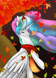 Size: 1000x1400 | Tagged: safe, artist:backlash91, princess celestia, alicorn, pony, g4, autumn, clothes, female, hair over one eye, leaves, mare, raised hoof, scarf, smiling, solo