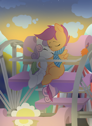 Size: 748x1024 | Tagged: safe, artist:skwareblox, scootaloo, sweetie belle, g4, adolescence, clothes, commission, cuddling, fanfic art, female, ferris wheel, holding tails, lesbian, scarf, ship:scootabelle, shipping, snuggling
