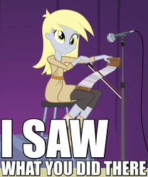Size: 500x600 | Tagged: safe, edit, edited screencap, screencap, derpy hooves, equestria girls, g4, my little pony equestria girls: rainbow rocks, bow (instrument), caption, derp, female, i see what you did there, image macro, microphone, musical instrument, musical saw, pun, reaction image, saw, solo, violin bow