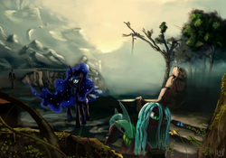 Size: 1041x729 | Tagged: safe, artist:maroonillustrator, nightmare moon, queen chrysalis, alicorn, changeling, human, pony, fanfic:whether we like it or not, g4, ethereal mane, fanfic art, mountain, scenery, starry mane