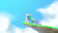 Size: 1920x1080 | Tagged: safe, artist:underpable, princess celestia, g4, cliff, curved horn, eyes closed, female, horn, relaxed, sitting, sky, solo, windswept mane