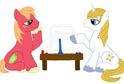 Size: 1024x691 | Tagged: safe, artist:axels-grrl, big macintosh, prince blueblood, earth pony, pony, g4, board game, connect four, male, smiling, stallion