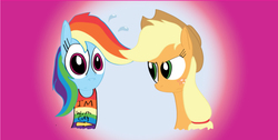 Size: 841x424 | Tagged: safe, artist:mr-degration, applejack, rainbow dash, pony, g4, clothes, duo, shirt