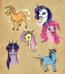 Size: 1400x1600 | Tagged: safe, artist:hengebellika, applejack, fluttershy, pinkie pie, rainbow dash, rarity, twilight sparkle, earth pony, horse, pegasus, pony, unicorn, g4, mane six, portrait, sketch