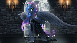 Size: 1920x1080 | Tagged: dead source, safe, artist:nemesis360, artist:vipeydashie, princess luna, alicorn, pony, g4, candle, candle holder, clothes, dress, female, full moon, large wings, moon, partially open wings, solo, sparkly dress, sparkly mane, stone wall, wallpaper, window, wings
