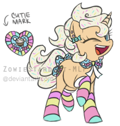 Size: 1024x1077 | Tagged: safe, artist:zowiestardust-mlp, oc, oc only, food pony, original species, pony, unicorn, adoptable, socks, solo, striped socks