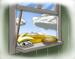 Size: 4103x3250 | Tagged: safe, artist:otakuap, derpy hooves, pegasus, pony, g4, cloud, cloudy, eyes on the prize, female, mare, pie, pure unfiltered evil, solo, soon, window