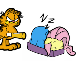 Size: 1280x1024 | Tagged: safe, artist:beornus, fluttershy, g4, baseball bat, crossover, garfield, male, sleeping, this will end in tears