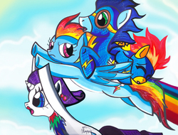 Size: 626x477 | Tagged: safe, artist:aurora-chiaro, rainbow dash, rarity, soarin', spitfire, g4, sonic rainboom (episode), annoyed, scene interpretation, traditional art, unconscious