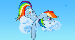 Size: 1024x555 | Tagged: safe, artist:arcuswind, rainbow dash, tank, g4, cloud, female, floppy ears, prone, solo