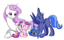 Size: 884x549 | Tagged: safe, artist:yoonny92, princess cadance, princess celestia, princess luna, g4, blank flank, eyes closed, filly, prone, s1 luna, simple background, sitting, smiling, spread wings