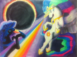 Size: 2554x1890 | Tagged: safe, artist:ho-ohlover, nightmare moon, princess celestia, g4, eclipse, fight, rainbow, solar eclipse, traditional art