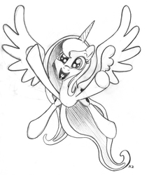 Size: 2362x2808 | Tagged: safe, artist:uminanimu, princess luna, g4, :d, female, grayscale, high res, incoming hug, monochrome, smiling, solo, spread wings, traditional art