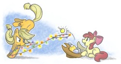 Size: 1100x586 | Tagged: safe, artist:onkelscrut, apple bloom, applejack, earth pony, pony, g4, apple bloom's bow, apple sisters, applejack's hat, blank flank, bow, christmas, christmas lights, cowboy hat, female, filly, foal, freckles, hair bow, hat, lasso, lying down, mare, mouth hold, open mouth, open smile, ornament, prone, rope, siblings, sisters, smiling, throwing