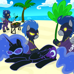 Size: 1000x1000 | Tagged: safe, artist:madmax, descent, nightmare moon, nightshade, alicorn, pegasus, pony, g4, barbeque, beach, bipedal, clothes, costume, female, goggles, male, mare, massage, shadowbolts, shadowbolts (nightmare moon's minions), shadowbolts costume, stallion, sunglasses, tree, veggie burger