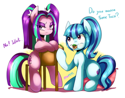 Size: 1951x1531 | Tagged: safe, artist:maren, aria blaze, sonata dusk, earth pony, pony, equestria girls, g4, my little pony equestria girls: rainbow rocks, :t, annoyed, ariabetes, chair, cute, dialogue, duo, eating, equestria girls ponified, female, food, frown, mouth hold, nom, ponified, puffy cheeks, siblings, sisters, sonatabetes, sonataco, taco, that girl sure loves tacos, that pony sure does love tacos, that siren sure does love tacos, tsundaria, tsundere