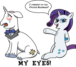 Size: 2839x2515 | Tagged: safe, artist:saburodaimando, prince blueblood, rarity, g4, bald, belly button, bloodshot eyes, blueabuse, crying, high res, my eyes, shaver, this will end in tears