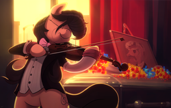 Size: 3000x1894 | Tagged: safe, artist:dimfann, octavia melody, earth pony, pony, g4, backlighting, bipedal, blazer, bowtie, casket, clothes, coffin, crying, emotional, eyes closed, female, flower, funeral, implied death, mare, memorial portrait, musical instrument, playing music, shirt, solo, suit, tuxedo, violin