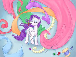 Size: 1024x768 | Tagged: safe, artist:snip-veritas, rarity, g4, cloth, eyes closed, female, gem, needle, scissors, solo, thread