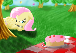 Size: 1500x1061 | Tagged: safe, artist:chaosdrop, fluttershy, g4, cake, female, knife, mouth hold, solo