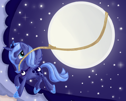 Size: 800x640 | Tagged: safe, artist:paintrolleire, princess luna, alicorn, pony, g4, female, jewelry, mare, moon, mouth hold, night, regalia, s1 luna, solo, stars, tangible heavenly object