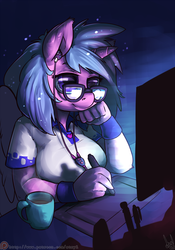 Size: 840x1200 | Tagged: safe, artist:atryl, oc, oc only, oc:artshine, alicorn, anthro, alicorn oc, coffee, computer, drawing, glasses, music, solo, tablet