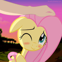 Size: 1200x1200 | Tagged: safe, artist:ponyecho, fluttershy, human, pony, g4, blushing, cute, female, floppy ears, hand, head rub, human on pony petting, interspecies, looking at you, mare, petting, ponyecho is trying to murder us, show accurate, shy, shyabetes, smiling, weapons-grade cute, wink