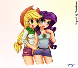 Size: 1024x900 | Tagged: safe, artist:cosmicponye, applejack, rarity, equestria girls, g4, beauty mark, female, human coloration, humanized, lesbian, ship:rarijack, shipping