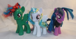 Size: 3545x1809 | Tagged: safe, artist:gryphyn-bloodheart, oc, oc only, oc:elixir dawn, oc:emerald sketch, oc:ocean skye, alicorn, pegasus, pony, unicorn, alicorn oc, brushable, customized toy, irl, photo, toy