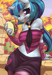 Size: 1050x1500 | Tagged: safe, artist:atryl, sonata dusk, unicorn, anthro, equestria girls, g4, rainbow rocks, breasts, busty sonata dusk, equestria girls ponified, female, flower, looking at you, necktie, ponified, rose, smiling, solo, sonataco, taco, that girl sure loves tacos, that siren sure does love tacos