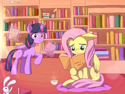 Size: 1400x1050 | Tagged: safe, artist:keterok, angel bunny, fluttershy, twilight sparkle, alicorn, pony, g4, book, crying, female, library, mare, twilight sparkle (alicorn), world war ii