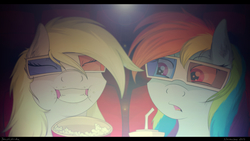 Size: 4096x2304 | Tagged: safe, artist:oobrushstrokeoo, derpy hooves, rainbow dash, pegasus, pony, g4, 3d glasses, cinema, crumbs, drink, eating, eyes closed, female, gritted teeth, happy, high res, mare, popcorn, soda, theater