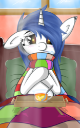 Size: 1024x1638 | Tagged: dead source, safe, artist:saddnesspony, oc, oc only, unnamed oc, pony, unicorn, bed, blushing, clothes, female, mare, ponysona, scarf, sick, solo, tea, thermometer