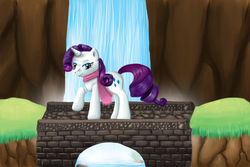 Size: 1200x800 | Tagged: safe, artist:digital-doodler, rarity, pony, unicorn, g4, bridge, clothes, female, mare, raised hoof, scarf, smiling, solo, waterfall