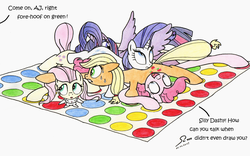Size: 3200x2000 | Tagged: safe, artist:abyssalemissary, angel bunny, applejack, fluttershy, pinkie pie, rarity, twilight sparkle, alicorn, pony, g4, female, fourth wall, high res, implied rainbow dash, mare, offscreen character, playing, snuggling, traditional art, twilight sparkle (alicorn), twister