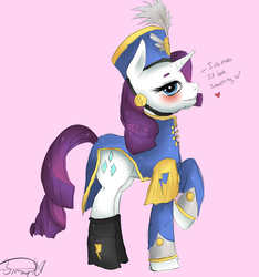 Size: 2533x2705 | Tagged: safe, artist:iwuvmemyjunjouegoist, rarity, pony, unicorn, g4, ancient wonderbolts uniform, blushing, boots, clothes, costume, female, hat, heart, high res, mare, pink background, raised hoof, sgt. rarity, shako, shoes, simple background, tail, tail hole, uniform