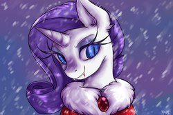 Size: 1280x853 | Tagged: safe, artist:yukomaussi, rarity, pony, unicorn, vampire, g4, blood, clothes, fangs, female, mare, snow, snowfall, solo