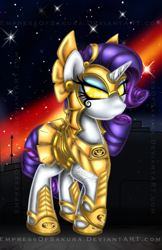 Size: 1972x3042 | Tagged: safe, artist:empressofsakura, rarity, pony, unicorn, g4, armor, female, mare, shield, solo, watermark