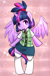 Size: 1335x2000 | Tagged: safe, artist:acharmingpony, twilight sparkle, alicorn, semi-anthro, g4, alternate hairstyle, animal crossing, animal crossing: new leaf, bipedal, clothes, heart, heart eyes, isabelle, thigh highs, twilight sparkle (alicorn), wingding eyes