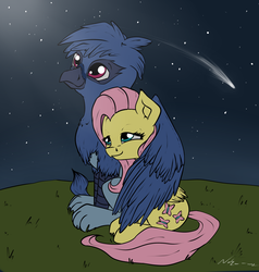 Size: 2439x2557 | Tagged: safe, artist:neko-me, fluttershy, oc, griffon, g4, canon x oc, high res, hug, night, stargazing, stars, winghug