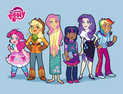 Size: 1775x1353 | Tagged: safe, artist:xamag, applejack, fluttershy, pinkie pie, rainbow dash, rarity, twilight sparkle, human, g4, dark skin, humane six, humanized, light skin, mane six, my little pony logo, tan skin