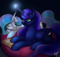 Size: 1280x1200 | Tagged: safe, artist:fairdahlia, princess celestia, princess luna, alicorn, pony, g4, eyes closed, female, lying down, mare, prone, reading, sleeping