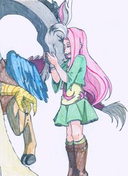 Size: 2404x3329 | Tagged: safe, artist:1gothgrrl, discord, fluttershy, human, g4, female, high res, humanized, male, ship:discoshy, shipping, straight, traditional art