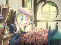 Size: 2400x1800 | Tagged: safe, artist:manfartwish, applejack, fluttershy, g4, bed, female, lesbian, love letter, ship:appleshy, shipping, solo, tears of joy